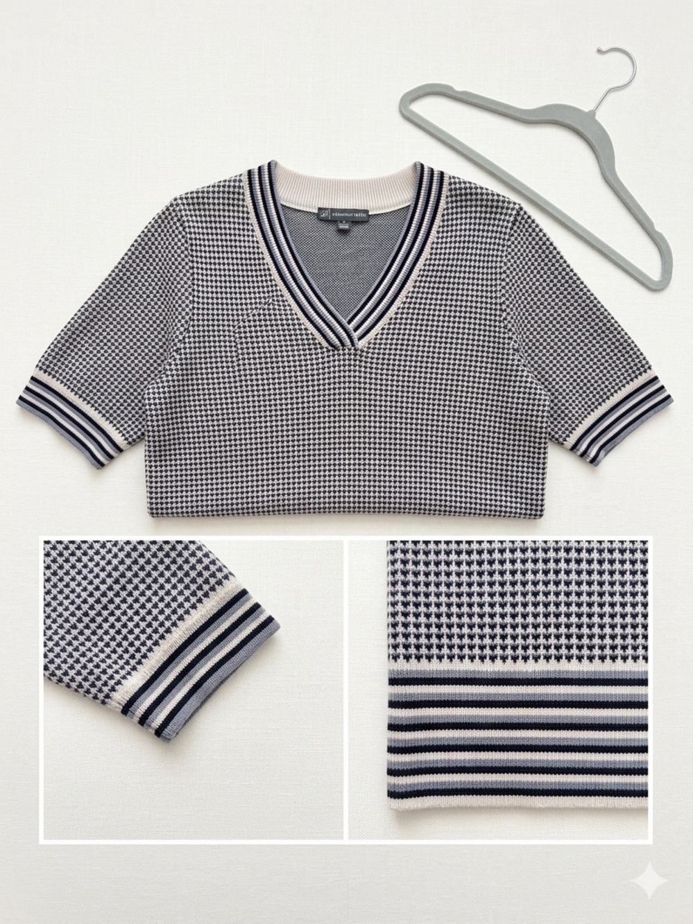 Nordstrom Navy and White Houndstooth V-Neck Sweater